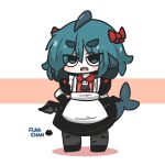  1girl apron black_dress black_gloves black_shoes blue_eyes blue_hair blush bow brown_background character_name chibi collared_shirt colored_shadow commentary_request dress fins fish_tail fuka-chan full_body gloves grey_pantyhose grey_wings hair_between_eyes hair_bow highres looking_at_viewer low_wings open_mouth original pantyhose red_bow red_shirt sea_urchin shadow shark_tail sharp_teeth shirt shoes short_eyebrows short_sleeves solo standing striped_clothes striped_shirt tail teeth thick_eyebrows two-tone_background uni_souchou vertical-striped_clothes vertical-striped_shirt white_apron white_background wings 