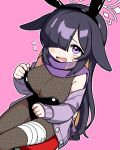  1girl animal_ears bandaged_leg bandages black_leotard blue_archive blush bodystocking breasts cardigan cleavage ears_down fake_animal_ears feet_out_of_frame fishnet_bodystocking fishnets flying_sweatdrops hair_over_one_eye halo highres jacket jorang_(jorang08) leotard looking_at_viewer medium_breasts off_shoulder open_mouth outline pink_background playboy_bunny purple_eyes rabbit_ears scarf sitting sleeves_past_wrists solo sweatdrop tsukuyo_(blue_archive) white_outline 