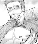  2boys abs bara bare_pectorals beard_stubble blush clothes_lift facial_hair glasses greyscale half-closed_eyes hozu_(hozumi) large_pectorals lifting_own_clothes looking_at_viewer male_focus mature_male monochrome multiple_boys muscular muscular_male nipples original parted_lips pectorals pov pov_hands shirt_lift short_hair shy solo_focus stubble thick_eyebrows yaoi 