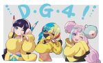  3girls ;o aqua_hair black_hair blonde_hair blue_eyes blue_hair canari_(pokemon) character_hair_ornament cropped_jacket dark-skinned_female dark_skin elesa_(pokemon) fang hair_ornament headphones iono_(pokemon) jacket long_hair long_sleeves looking_at_viewer mask mizuiro123 mouth_mask multicolored_hair multiple_girls navel one_eye_closed pink_eyes pink_hair pokemon pokemon_bw2 pokemon_legends:_z-a pokemon_sv puffy_sleeves purple_eyes short_hair short_hair_with_long_locks sidelocks skin_fang sleeves_past_fingers sleeves_past_wrists split-color_hair twintails two-tone_hair yellow_jacket 