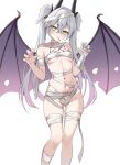  1girl absurdres bandages bare_shoulders breasts crossed_bangs demon_girl demon_horns demon_wings ear_piercing fate/grand_order fate_(series) green_eyes grey_hair hair_between_eyes highres horns lilith_(fate) long_hair looking_at_viewer medium_breasts nagine naked_bandage navel piercing pointy_ears solo thighs twintails very_long_hair wings 