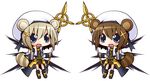  animal_ears blue_eyes brown_hair chibi dual_persona hat lyrical_nanoha mahou_shoujo_lyrical_nanoha mahou_shoujo_lyrical_nanoha_strikers multiple_girls raccoon_ears raccoon_tail reku schwertkreuz short_hair staff tail tanuki unison yagami_hayate 