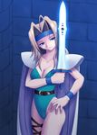  blonde_hair blue_eyes breasts cape celes_chere cleavage final_fantasy final_fantasy_vi green_leotard headband large_breasts leotard long_hair solo sword vision_(artist) weapon 