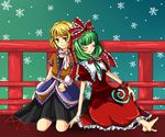  arm_warmers artist_request barefoot blonde_hair blush closed_eyes dress front_ponytail green_eyes green_hair kagiyama_hina knees leaning mizuhashi_parsee multiple_girls ribbon scarf short_hair sitting skirt smile snow touhou 