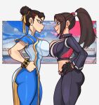 2girls absurdres akiman_pose ass black_gloves black_pants blue_leggings bracelet breast_press breasts brown_eyes brown_hair china_dress chinese_clothes chun-li cleavage cropped_jacket dkajart double_bun dress earrings face-to-face fatal_fury fatal_fury:_city_of_the_wolves gloves gold_trim hair_bun hair_ribbon hands_on_own_hips high_ponytail highres jewelry large_breasts leggings long_hair midriff multiple_girls pants pelvic_curtain ponytail ribbon shiranui_mai side_slit smile street_fighter street_fighter_6 symmetrical_docking thick_thighs thighs tight_clothes tight_pants yellow_ribbon 