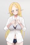  1girl absurdres black_bra black_panties blonde_hair blush bra bra_peek breasts cleavage closed_mouth cowboy_shot dress_shirt elf gradient_background green_eyes grey_background half-closed_eyes highres long_hair long_sleeves looking_at_viewer mature_female misaki150280 navel no_pants original panties pointy_ears shirt smile solo standing swept_bangs underwear undressing white_shirt wing_collar 