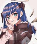  1girl :p aqua_eyes arknights blue_hair blue_tongue blush brown_horns brown_jacket colored_tongue commentary fur-trimmed_jacket fur_trim gloves grey_background grey_gloves hand_on_own_cheek hand_on_own_face highres horns jacket kuwan4971 long_sleeves looking_at_viewer medium_hair mostima_(arknights) simple_background smile solo tongue tongue_out upper_body 