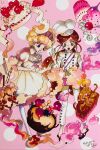  2girls absurdres anno_moyoco blonde_hair cherry chocolat_meilleure commentary_request dress earrings food fruit green_eyes hat highres holding holding_whisk jewelry magical_girl multiple_girls official_art open_mouth orange_hair pastry ponytail puffy_short_sleeves puffy_sleeves purple_dress purple_eyes short_sleeves signature sugar_sugar_rune vanilla_mieux whisk 