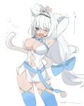  1girl absurdres animal_ear_fluff animal_ears armpits arms_up bare_shoulders blue_bow blue_eyes blue_ribbon blue_thighhighs blush bow breasts cat_ears cat_girl cat_tail cleavage clothing_cutout detached_collar detached_sleeves diamond_cutout dobrynya_nikitich_(fate) dobrynya_nikitich_(second_ascension)_(fate) dress fate/grand_order fate_(series) fur_trim hair_bow hairband highres kaigan0211 large_breasts long_hair low_ponytail navel one_eye_closed open_mouth ponytail ribbon short_dress solo tail thighhighs thighs white_dress white_hair yawning 