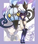  1girl absurdres belt belt_buckle black_dress black_pantyhose black_shoes blue_gloves blunt_bangs bob_cut border buckle chandelure closed_mouth coat dress eyelashes full_body gloves gwynn_(pokemon) hat highres long_sleeves looking_at_viewer o-ring o-ring_belt open_clothes open_coat outside_border pantyhose partially_fingerless_gloves pokemon pokemon_(creature) pokemon_legends:_z-a purple_border purple_eyes purple_hair ryusa_(gjgd7445) shoes short_hair twitter_username white_coat zoom_layer 