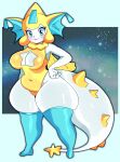 anthro belly blonde_hair blue_eyes blush clothing cosmic_background eeveelution female fin fusion generation_1_pokemon generation_3_pokemon glinta_(nickzilla) glistening glistening_body glistening_clothing hair hand_on_hip hi_res hybrid jirachi legendary_pokemon nintendo nupi one-piece_swimsuit pokemon pokemon_(species) pokemon_fusion ribbons smile smiling_at_viewer solo spines star star_on_body starry_background swimwear tail thick_tail thick_thighs vaporeon white_body yellow_outfit