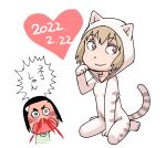  2girls animal_costume animal_ears black_hair blonde_hair blush cat_costume cat_ears heart highres ishiguro_masakazu multiple_girls original short_hair tail 