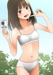  1girl blue_sky bra breasts brown_eyes brown_hair clear_sky commentary cowboy_shot crotch_seam day highres holding holding_id_card id_card looking_at_viewer medium_hair navel open_mouth original outdoors panties pen-racket pointing pointing_at_self sky small_breasts smile solo standing straight_hair sweatdrop tearing_up training_bra underwear underwear_only white_bra white_panties 