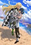 1boy 1girl absurdres beach black_hairband black_pants blonde_hair blue_eyes blue_hair blue_sky braid carrying carrying_person closed_mouth cloud commentary_request commission dark-skinned_female dark-skinned_male dark_skin day eupha_(metaphor:_refantazio) eva02asuka0608 floating_hair green_pantyhose hairband heterochromia highres jacket long_hair long_sleeves looking_at_another metaphor:_refantazio ocean outdoors pants pantyhose pixiv_commission poncho protagonist_(metaphor:_refantazio) purple_eyes shadow short_hair sky smile third_eye twin_braids water white_jacket yellow_eyes 