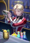  1girl absurdres aqua_eyes asymmetrical_hair bar_(place) bartender black_choker black_shirt blonde_hair blue_vest bottle checkered_necktie choker closed_mouth cocktail_shaker collared_shirt commentary_request drink drinking_straw eyelashes felfia food fruit glass halo highres holding_cocktail_shaker honkai:_star_rail honkai_(series) jacket jewelry necklace necktie open_clothes open_jacket red_jacket shelf shirt short_hair siobhan_(honkai:_star_rail) smile solo vest 