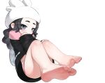  1girl ansha_(pokemon) barefoot black_coat black_hair blue_eyes braid braided_hair_rings closed_mouth coat commentary dokomon feet foot_focus full_body hair_rings hat highres panties panty_peek pink_shorts pokemon pokemon_legends:_z-a shorts sitting soles solo toes underwear white_background white_hat white_panties 