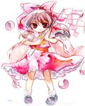  brown_hair chaba_(hortensia) detached_sleeves full_body gohei hakurei_reimu long_hair looking_at_viewer mary_janes red_eyes shoes simple_background solo standing touhou white_background 