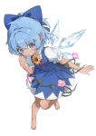  1girl barefoot blue_bow blue_dress blue_eyes blue_hair bow cirno dark-skinned_female dark_skin dress grin hair_bow highres ice ice_wings looking_at_viewer pinafore_dress plant ponytail simple_background siyumu sleeveless sleeveless_dress smile solo tanned_cirno touhou vines white_background wings 