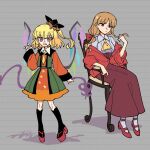  2girls ascot black_socks blonde_hair chair closed_mouth collared_shirt cosplay costume_switch fang flandre_scarlet flandre_scarlet_(cosplay) full_body grey_background jacket kneehighs laevatein_(touhou) long_sleeves matara_okina matara_okina_(cosplay) medium_hair multicolored_wings multiple_girls on_chair open_mouth red_eyes red_jacket red_shoes red_skirt shikido_(khf) shirt shoes simple_background sitting skirt socks standing touhou white_shirt white_socks wings yellow_ascot 