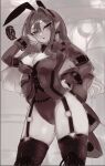 1girl absurdres animal_ears baobhan_sith_(fate) blush breasts cleavage cleavage_cutout clothing_cutout fake_animal_ears fate/grand_order fate_(series) greyscale hand_on_own_hip hand_up highres klash leotard long_hair looking_at_viewer monochrome open_mouth pointy_ears rabbit_ears solo 