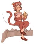 5_fingers anthro banana branch breasts brown_body brown_clothing brown_eyebrows brown_footwear brown_fur brown_hair brown_shoes clothing crown eating eating_food eyebrows female female_anthro fingers food footwear fruit fur hair haplorhine headgear looking_at_viewer mammal monkey orange_eyes plant primate shoes simple_background small_breasts smile solo topwear tube_top unknown_artist white_background