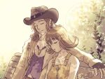  1boy 1girl arm_around_shoulder bare_shoulders belt bench breasts brown_belt brown_coat brown_hair closed_eyes coat couple cowboy_hat earrings final_fantasy final_fantasy_viii fingerless_gloves gloves hair_between_eyes hat hetero irvine_kinneas jewelry light_smile long_hair medium_breasts medium_hair midriff_peek necklace overalls parted_bangs parted_lips purple_shirt selphie_tilmitt shirt upper_body yellow_overalls yuisakura8202 