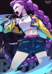  1girl artist_name black_shorts braid braided_ponytail breasts closed_eyes cloumello commentary cowboy_shot cropped cropped_jacket eyeliner from_side highres holding holding_microphone jacket kpop_demon_hunters long_braid long_hair makeup medium_breasts microphone midriff music open_clothes open_jacket open_mouth pinky_out purple_eyeliner purple_hair rumi_(kpop_demon_hunters) shirt short_shorts shorts singing single_braid sleeveless sleeveless_shirt solo white_shirt yellow_jacket 