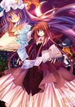  anna_(small_night) blonde_hair book card crescent demon_girl dress hat head_wings kirisame_marisa koakuma layered_dress long_hair long_sleeves looking_at_viewer mob_cap multiple_girls patchouli_knowledge purple_eyes purple_hair red_dress red_hair succubus touhou very_long_hair 