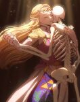  arm_around_back armor blonde_hair chaendeulleo circlet closed_eyes cowboy_shot dancing dress elbow_gloves gloves gold_armor highres holding_hands long_dress long_hair parted_bangs parted_lips pink_gloves pink_tunic pointy_ears princess_zelda shoulder_armor sidelocks skeleton tears the_legend_of_zelda the_legend_of_zelda:_ocarina_of_time triforce tunic white_dress 