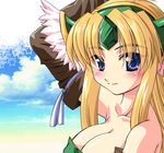  blonde_hair blue_eyes blush breasts brooch brown_gloves cleavage collarbone elbow_gloves gem gloves jewelry large_breasts looking_at_viewer riesz seiken_densetsu seiken_densetsu_3 solo upper_body utsugi_tsuguha 