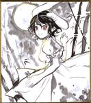  bad_id bad_pixiv_id bamboo bamboo_forest clover forest four-leaf_clover inaba_tewi looking_back monochrome moon nature red_eyes shikishi smile solo spot_color touhou traditional_media umishima_senbon 
