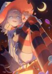  1girl :d alternate_costume black_cat blue_eyes breasts candy cat ceras_yanagida_lilienfeld checkerboard_cookie chocolate_chip_cookie claw_pose commentary_request cookie crescent_moon crossed_legs feet_out_of_frame food glowing glowing_eyes halloween hat highres link!_like!_love_live! lollipop looking_at_viewer love_live! medium_breasts miniskirt moon night night_sky open_mouth orange_eyes orange_hat orange_thighhighs pleated_skirt sitting skirt sky smile solo star_(sky) starry_sky striped_clothes striped_thighhighs sunkeun swirl_lollipop thighhighs two-sided_fabric two-sided_headwear virtual_youtuber white_hat white_skirt witch witch_hat 