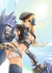  blonde_hair blue_eyes breasts cleavage hat large_breasts long_hair monster_hunter shield solo thighhighs thomasz weapon 