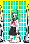  alternate_costume gohei kneeling kochiya_sanae long_hair school_uniform serafuku snake solo touhou yatosaki_haru 