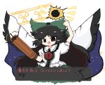  1girl arm_cannon black_hair black_sun bow cape commentary_request green_bow green_skirt hair_bow hair_flaps hair_intakes kuuinusuki long_hair looking_at_viewer open_mouth radiation_symbol red_eyes reiuji_utsuho shirt short_sleeves simple_background skirt solo starry_sky_print sun third_eye touhou translation_request v-shaped_eyebrows weapon white_background white_cape white_shirt 