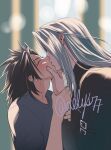  2boys aelys77 black_coat black_hair blurry blurry_background closed_eyes coat final_fantasy final_fantasy_vii furrowed_brow grey_hair grey_shirt hair_slicked_back hand_on_another&#039;s_chin highres holding_another&#039;s_wrist kiss light_blush long_hair male_focus medium_hair multiple_boys parted_bangs sephiroth shirt yaoi zack_fair 