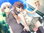  1girl amatsume_akira antenna_hair blush brown_eyes brown_hair couple crepe dating dutch_angle food game_cg hashimoto_takashi hetero ice_cream ice_cream_cone kasugano_haruka one_eye_closed open_mouth ponytail short_hair skirt smile thighhighs white_hair yosuga_no_sora zettai_ryouiki 