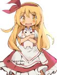  1girl apron blonde_hair bow_hairband cat ellen_(touhou) hairband highres holding long_hair open_mouth pet red_hairband red_shoes red_vest shoes touhou touhou_(pc-98) tungsten_mochoo vest waist_apron white_background white_cat yellow_eyes 