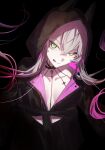  1girl absurdres black_jacket breasts cleavage fate/grand_order fate_(series) green_eyes highres hood jacket licking_lips lilith_(fate) long_hair looking_at_viewer medium_breasts omame_korokor tongue tongue_out twintails 