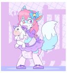 accessory ambiguous_gender anthro blue_body blue_bow blue_fur blue_hair_bow blue_tail border bow_accessory bow_ribbon bubblepuppers canid canine clean_diaper clothed clothing crib diaper dipstick_tail dress fluffy fluffy_tail footwear fox full-length_portrait fur gloves hair hair_accessory hair_bow hair_ribbon handwear hi_res legwear long_hair mammal markings mary_janes object_in_mouth orange_inner_ear pacifier pacifier_in_mouth pink_border pink_clothing pink_gloves pink_hair pink_handwear portrait purple_bow purple_clothing purple_dress purple_footwear purple_pacifier purple_shoes ribbons shoes simple_background smile socks solo standing tail tail_markings thigh_highs thigh_socks wearing_diaper white_body white_fur white_tail white_tail_tip zowy_littlepinks