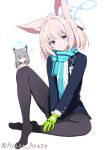  2girls :&lt; absurdres animal_ear_fluff animal_ears ayana_ayase black_pantyhose black_skirt blue_archive blue_eyes blue_halo blue_jacket blue_necktie blue_scarf blunt_bangs bright_pupils chibi chibi_inset closed_mouth commentary cosplay fox_ears fox_girl fringe_trim frown full_body gloves green_gloves grey_hair hair_between_eyes half_updo halo highres id_card jacket knee_up light_blush long_sleeves looking_at_viewer medium_hair miniskirt mismatched_pupils multiple_girls necktie niko_(blue_archive) no_shoes pantyhose pink_hair plaid_clothes plaid_skirt pleated_skirt puff_of_air scarf school_uniform shiroko_(blue_archive) shiroko_(blue_archive)_(cosplay) shirt simple_background sitting skirt smile solo_focus split_mouth spread_legs straight_hair tail thighs twitter_username v-shaped_eyebrows v_arms white_background white_pupils white_shirt wolf_ears wolf_tail 