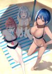  3girls arms_between_legs artist_name azuma_valentina beach_towel bikini bikini_skirt black-framed_eyewear black_bikini blue_hair breasts brown_eyes brown_hair cleavage closed_eyes closed_mouth collarbone copyright_name cover cover_page food food_in_mouth from_above front-tie_bikini_top front-tie_top full_body glasses green_eyes halterneck highres large_breasts long_hair looking_at_viewer manga_cover megami_no_cafe_terrace multiple_girls navel open_mouth popsicle popsicle_in_mouth seo_kouji short_hair sitting smile souya_moemi standing strapless strapless_bikini swimsuit thighs title towel wariza white_hair yellow_bikini yoshino_hekiru 