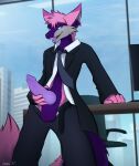 aeon_fox anthro balls blue_eyes bodily_fluids bottomwear business_suit canid canine chair city city_background clothed clothing detailed_background dripping erection fox fur furniture genital_fluids genitals giru_(artist) grey_body grey_fur hi_res holding_penis knot knotted_penis looking_at_viewer male mammal necktie office office_chair open_bottomwear open_clothing open_mouth open_pants open_shirt open_topwear pants penis pink_body pink_fur precum precum_drip presenting presenting_penis purple_body purple_fur purple_penis purple_tongue shirt solo suit tongue topwear