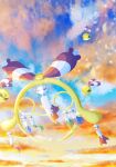  bell chimecho chingling closed_mouth cloud evolutionary_line floating happy highres mega_chimecho mega_pokemon natu_a0z0ra no_humans open_mouth pokemon pokemon_(creature) pokemon_focus sky smile wind_chime yellow_eyes 