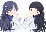  2girls 365_days_(love_live!) 5th_live_tour_~4pair_power_spread!!!!~ ;d absurdres animification black_hair blue_eyes blue_hair blue_ribbon blue_sailor_collar brown_eyes closed_mouth commentary_request flower_stand_art from_behind grin hair_ornament hair_ribbon highres link!_like!_love_live! long_sleeves looking_at_viewer looking_back love_live! multiple_girls murano_sayaka nonaka_kokona official_alternate_costume one_eye_closed real_life red_ribbon ribbon sailor_collar shirt simple_background smile split_mouth star_(symbol) star_hair_ornament virtual_youtuber voice_actor voice_actor_connection white_background white_shirt zanpon 