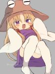  1girl blonde_hair blush brown_hat full_body hair_ribbon hat highres long_hair moriya_suwako purple_eyes purple_skirt purple_vest ribbon skirt skirt_set thighhighs touhou tress_ribbon tungsten_mochoo vest white_thighhighs 