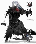  1boy absurdres arm_up armor belt belt_buckle black_belt black_capelet black_coat black_skin blue_eyes buckle capelet claws closed_mouth coat colored_skin darkrai dated full_body gauntlets glowing glowing_eye helmet highres holding holding_scythe holding_weapon knight male_focus personification pokemon reference_inset scythe signature standing sukepmonster torn_clothes weapon 