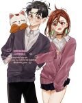  1boy 1girl 1other absurdres animal_on_shoulder arms_behind_back ayase_momo black_choker black_hair black_pants black_skirt blush brown_eyes brown_hair cardigan cat cat_on_shoulder choker collared_shirt couple cowboy_shot crossed_bangs dandadan earrings glasses grey_cardigan hair_between_eyes hetero highres holding_another&#039;s_arm jewelry kakko_xxx light_smile looking_at_another medium_hair open_mouth orange_cardigan pants parted_bangs pink_cardigan pleated_skirt red_eyes round_eyewear shirt short_hair skirt sleeves_past_wrists smile takakura_ken_(dandadan) turbo_granny_(dandadan) twitter_username white_background white_shirt 