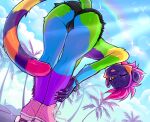 ambiguous_gender anthro armband bottomwear butt clothing fluffy.linart footwear fur hair haplorhine hi_res leaning leaning_forward long_tail looking_at_viewer looking_back mammal monkey multicolored_body multicolored_fur nature nature_background one_eye_closed pink_hair presenting presenting_hindquarters primate rainbow roller_skates short_hair shorts solo tail tongue tongue_out watermark wink winking_at_viewer yellow_eyes