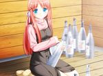  alcohol blue_eyes bottle cleaning game_cg kneeling long_hair peko red_hair sake solo takaoka_sayuki touji_no_sato 